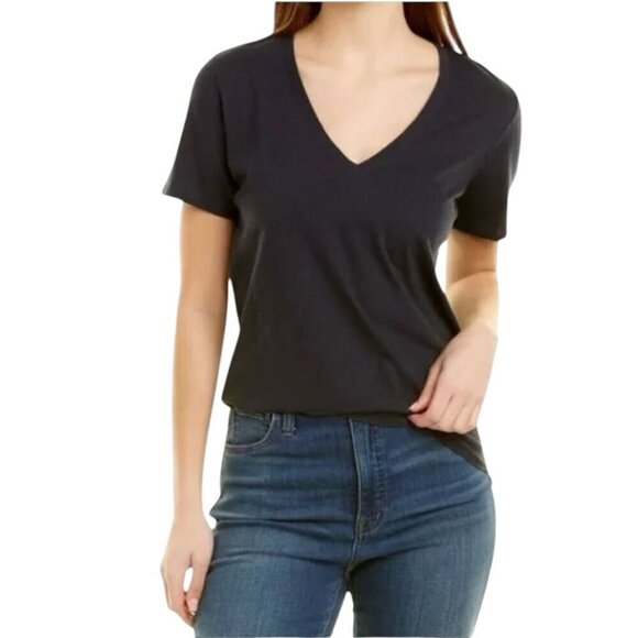 THEORY Women's Atmos Light Short Sleeve V-Neck Tee Shirt Top Black Medium NWT - Picture 1 of 14